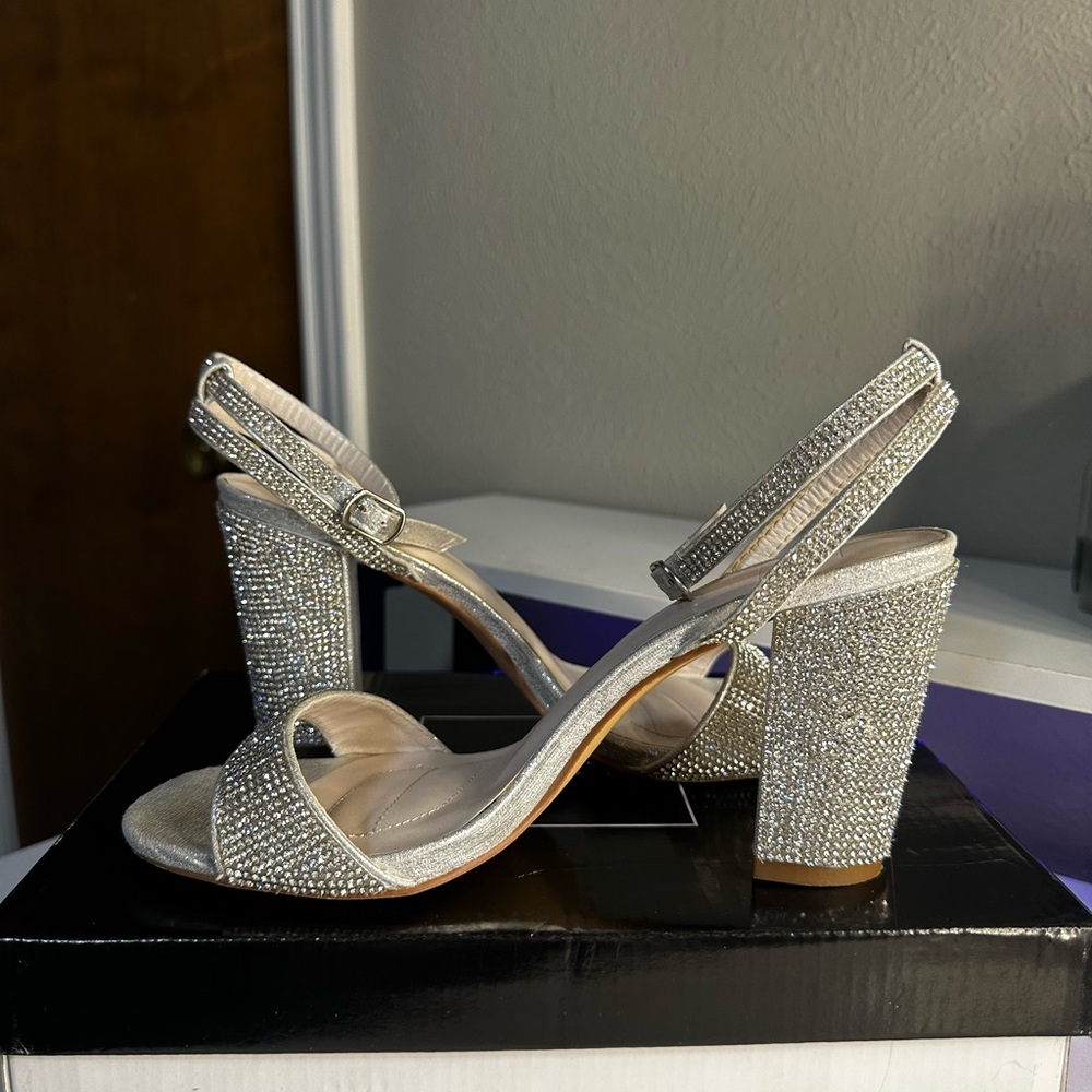 Sparkling Silver Block Heel Sandals